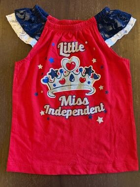Little Miss Independent Red Girls Tank with Navy Lace Sleeves